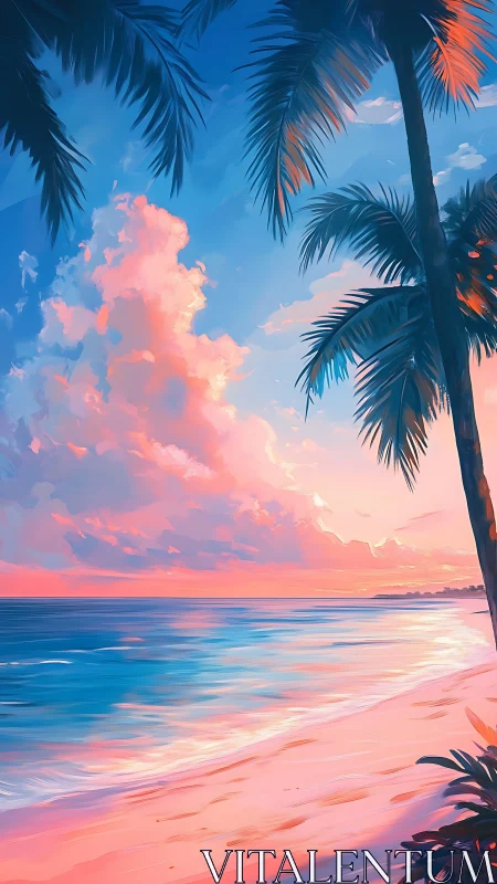 Palm trees on coastal shoreline at colorful sunset sky.