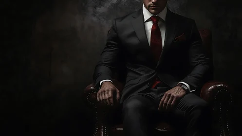 Powerful man in dark suit seated in dramatic shadowed room.