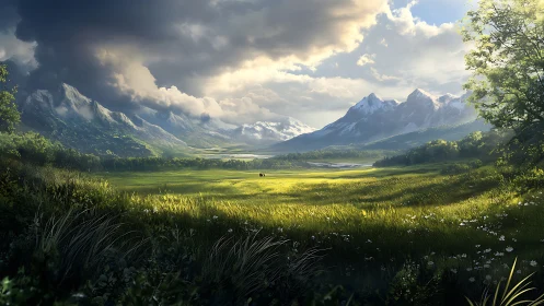 Stormlit valley meadow dreaming beneath snowcapped guardians.