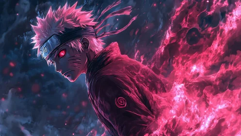 Anime character stands in red energy field against dark sky