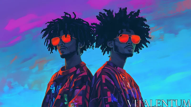 Neon-lit twin portraits pulse with cool futuristic energy