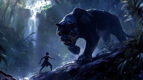 Human Figure Confronting Large Black Feline in Jungle.