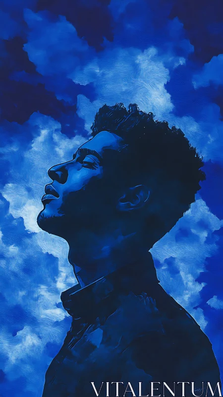 Monochromatic blue profile portrait against textured cloud field