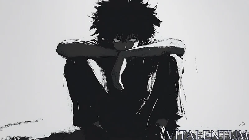 Brooding ink-sketched loner folded into monochrome quiet.