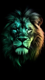 Neon gradient lion portrait rendered against black background