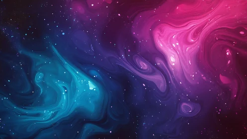 Swirling blue and pink nebula clouds form an abstract space field