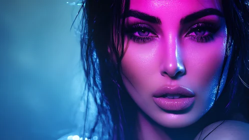 Neon lit female portrait with strong magenta blue contrast.