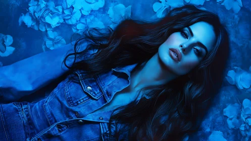 Blue-toned glamour portrait in denim with floral backdrop.