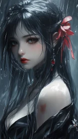 Rain-soaked anime portrait shows high-gloss lighting and wet hair rendering