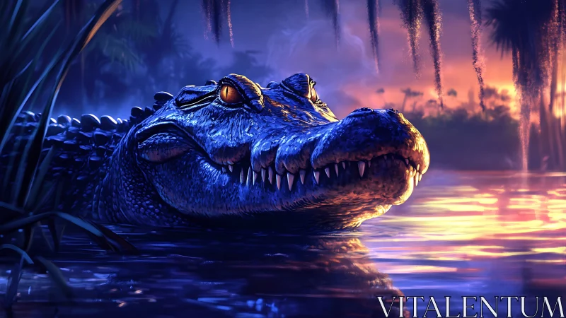 Predatory crocodile emerges from neon-lit tropical swamp at dusk