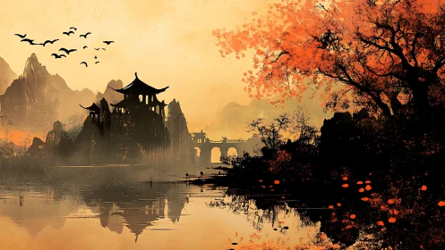 Golden autumn temple reflected beside a tranquil misty lake.