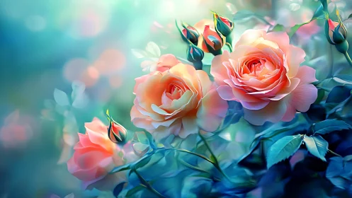 Blooming roses bathed in dreamy turquoise light.