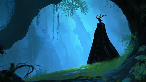 Horned shadow listens to the forest breathe in blue silence