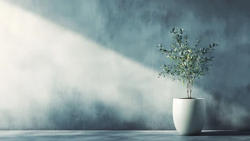 Minimalist potted plant under soft diagonal sunlight beam.