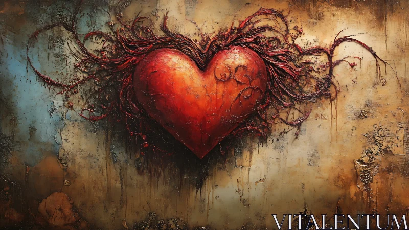 Crimson Heart with Skeletal Vines Against Textured Decay.