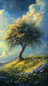 Backlit flowering tree crowns a windswept meadow under cumulus