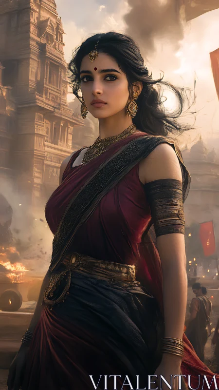 Stormlit queen strides through embers of a crumbling kingdom