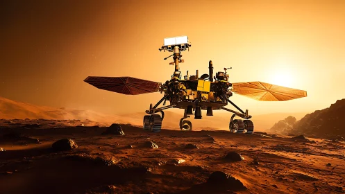 Solar rover surveys glowing Martian desert at sunrise.