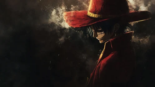 Lone red-coated wanderer broods in swirling sepia shadows.