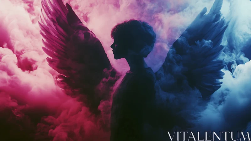 Silhouetted winged figure divides neon pink and blue smoke