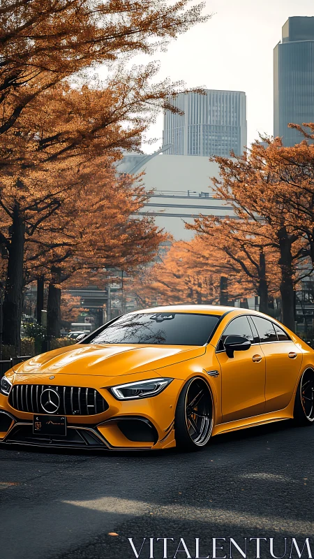 Lowered yellow Mercedes sedan on city street in autumn.