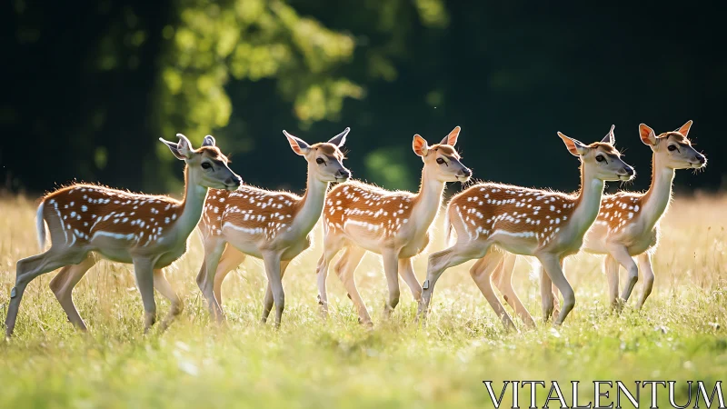 Spotted fawn herd crossing sunlit meadow in summer light.