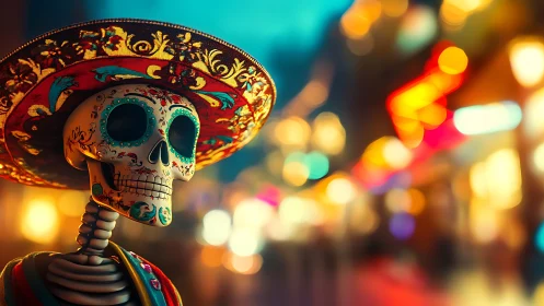Vibrant calavera skeleton in ornate sombrero at night festival