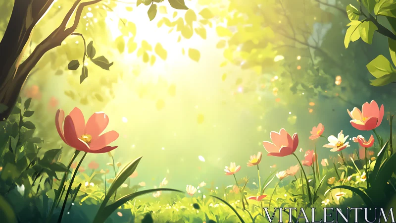 Sunlit woodland clearing with stylized pink wildflowers.