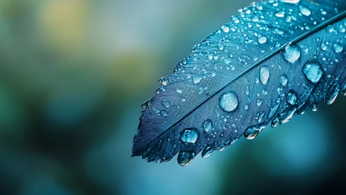 Close-up macro view of blue feather with water droplets.