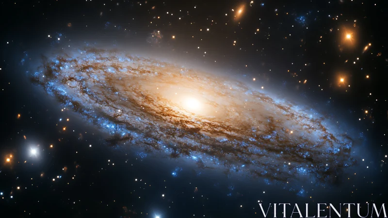 Edge-on spiral galaxy rendered with luminous stellar gradients