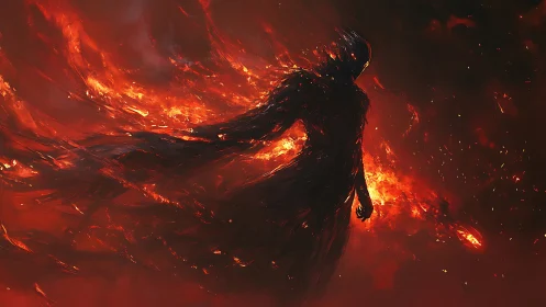 Silhouetted humanoid form amid abstract red fire field.