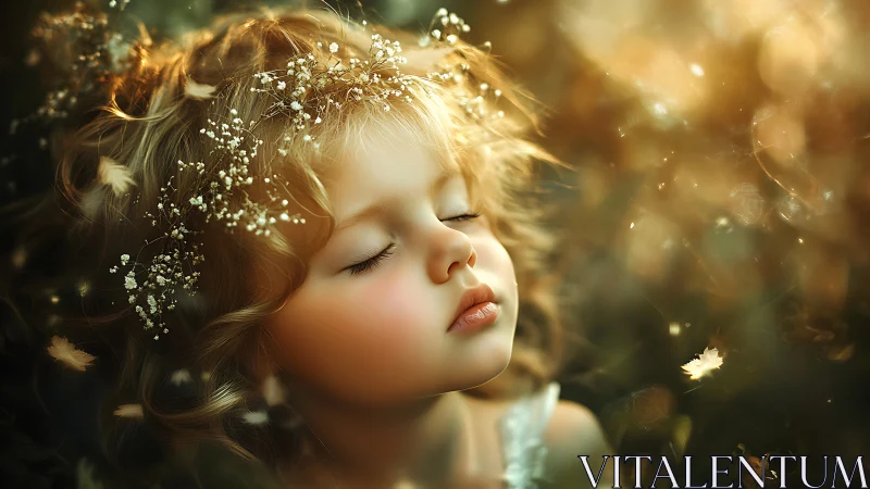 Child portrait with floral arrangement and bokeh lighting effects