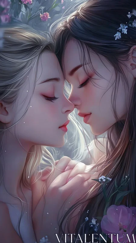 Two souls converge in luminous tenderness amid cascading blooms