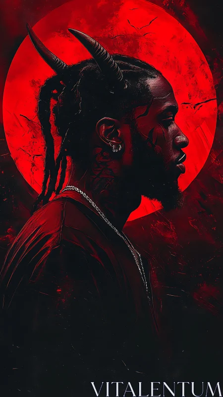 Horned silhouette stalks the blood moon in electric crimson