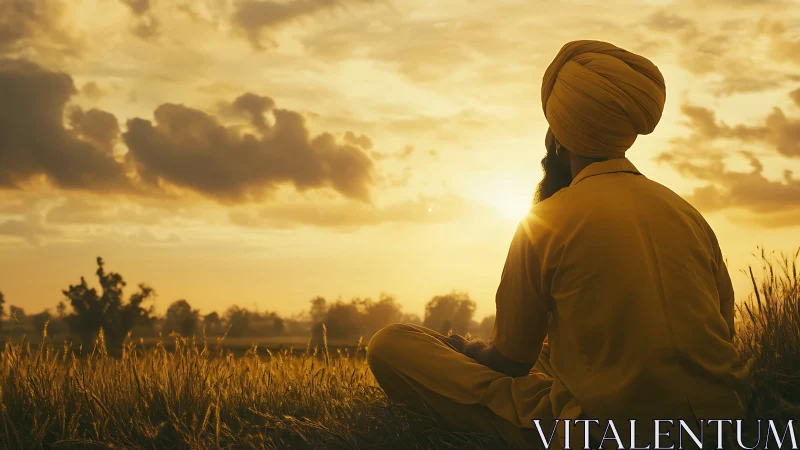 Man in yellow turban meditates in golden sunset field