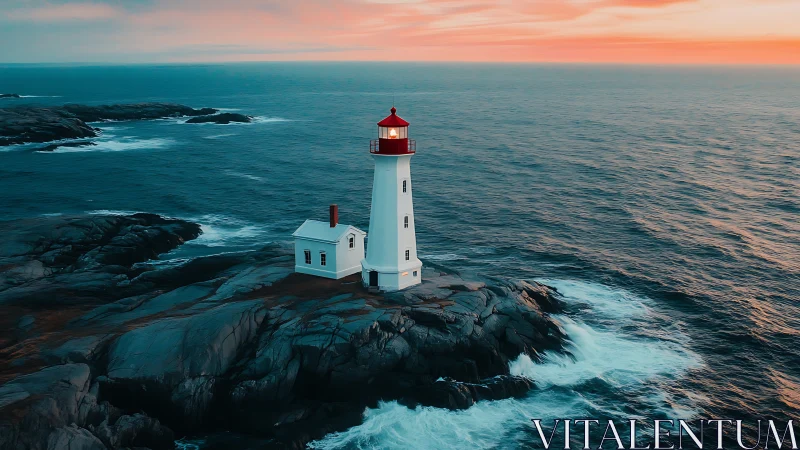 Coastal Lighthouse on Rocky Promontory at Dusk.