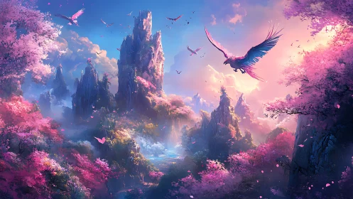 Fantasy valley with luminous peaks and soaring birds.