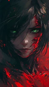 Emerald-eyed revenant in a storm of crimson brushstrokes.