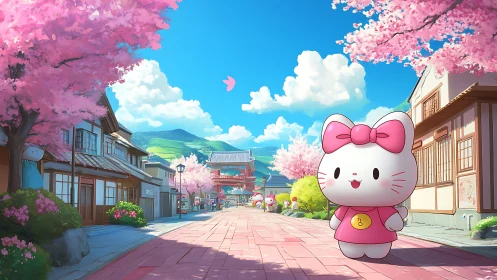 Pink blossom stroll with a cheerful kitty friend.
