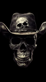 Cowboy skull portrait with double skull hat on black.