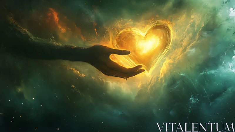 Hand Holding Luminous Heart Form Against Celestial Background