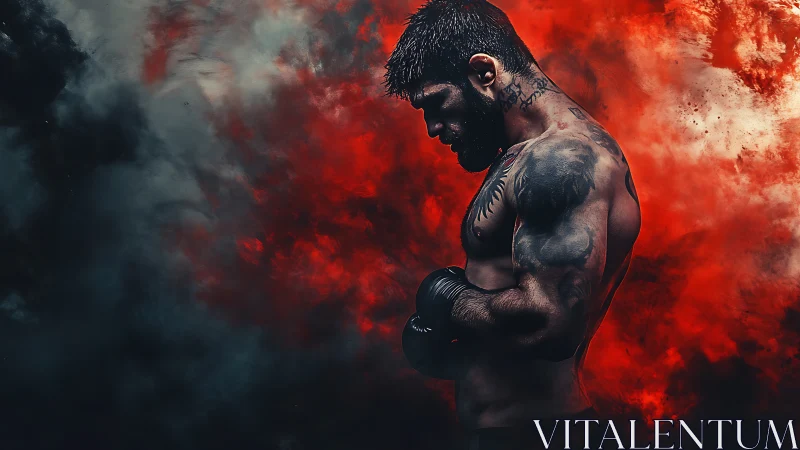 Tattooed boxer stands in smoky red arena lighting