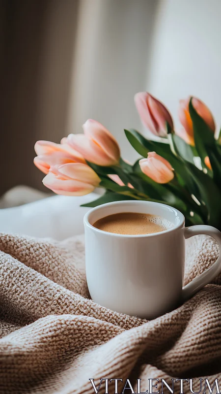 Warm beverage composition with peach tulips and textured neutral-tone fabric
