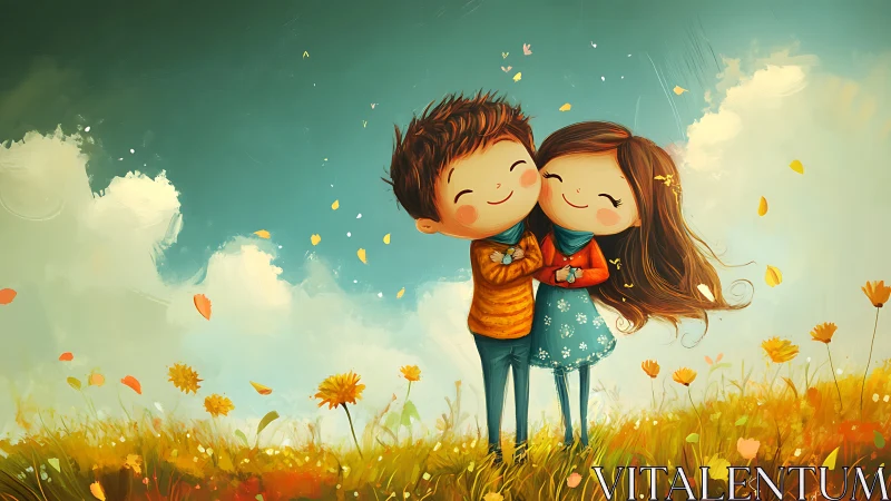Two Children Share a Joyful Embrace in a Sunlit Meadow