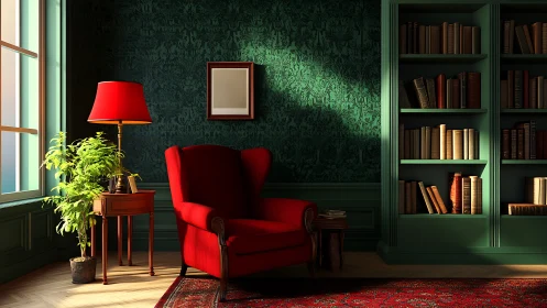 Crimson reading chair in emerald paneled library with daylight.