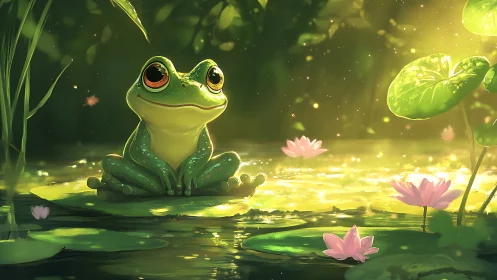 Gentle tree frog in glowing lily pond at golden dusk.