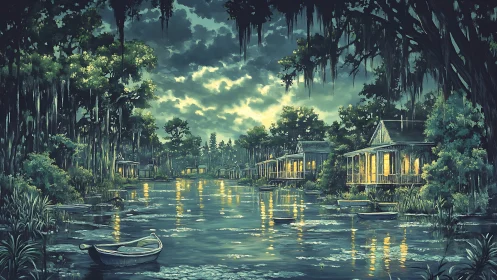 Riverside cabins line a tree-covered bayou under cloudy sky