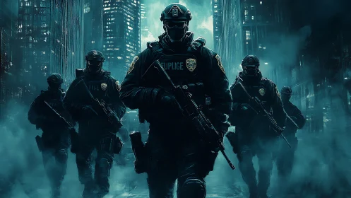 Tactical police unit advances through neon city fog at night.