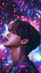 Side profile portrait with bokeh lights and iridescent jacket.