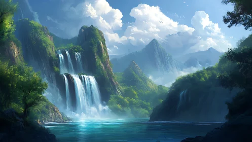 Multi‑tiered alpine waterfalls in luminous digital landscape.